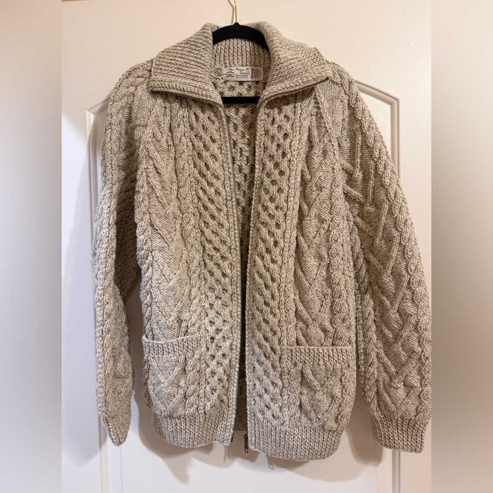 Athena Hand Made Cable-Knit Zip-Up Sweater in Light Beige